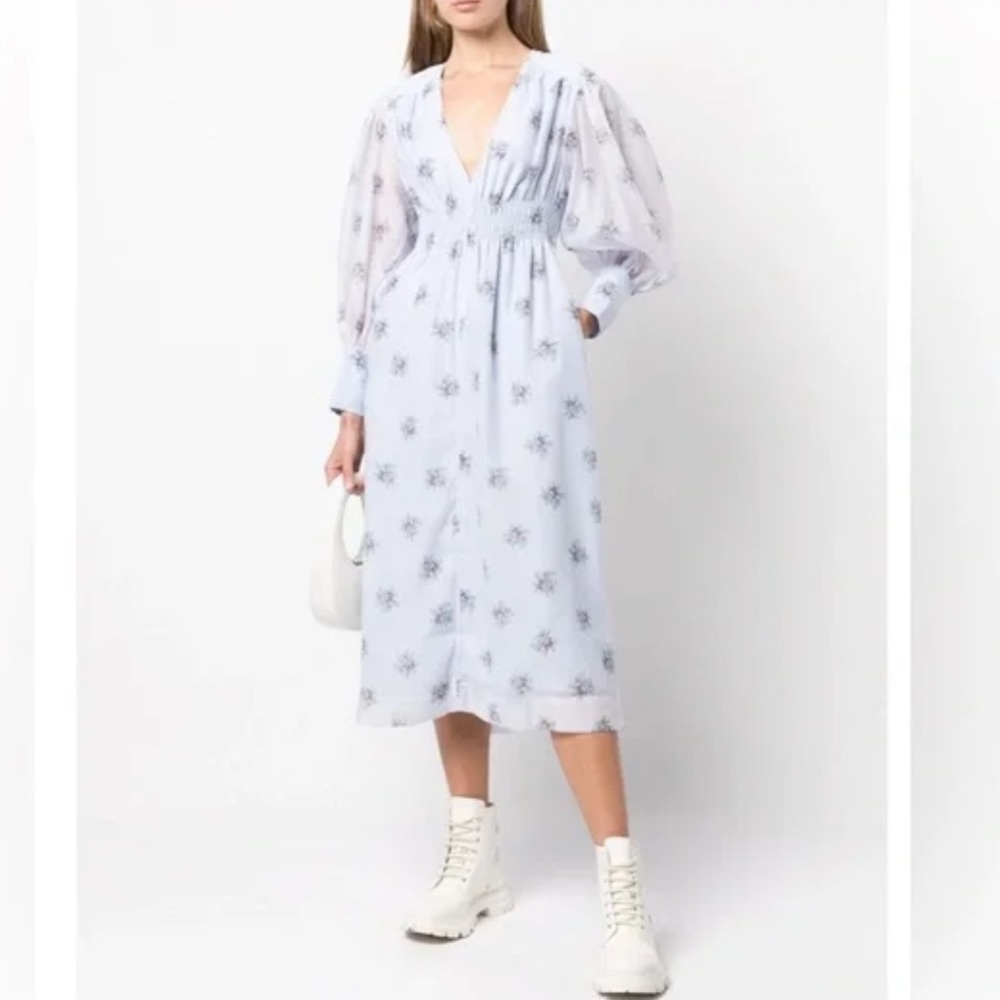 GANNI Puff Sleeve Organza Heather Blue Floral Printed Smocked Midi Dress